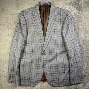 Bartorelli Napoli Italian Wool Glen Plaid Tailored Blazer Mens 38R Gray Blue